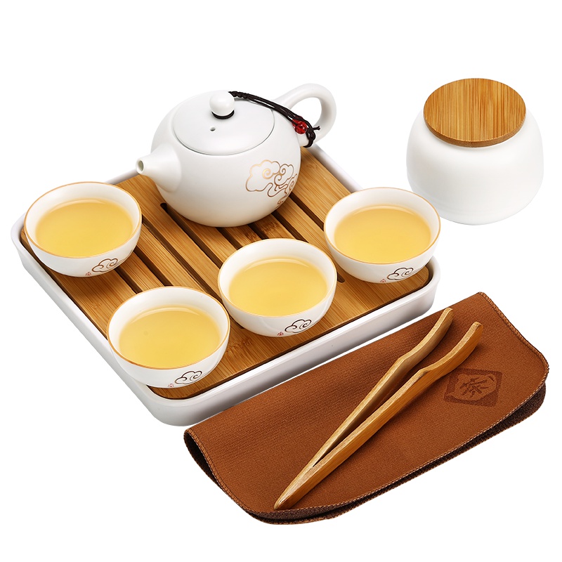 常生源 旅行茶具套装 便携陶瓷功夫茶具 办公室 一壶四杯 带茶盘茶叶罐茶夹茶巾 手提包 祥云如意套组