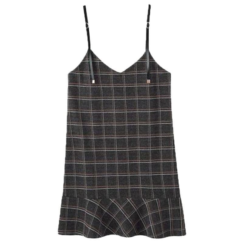 【专柜同款】复古条纹格子背带秋冬连衣裙女韩版宽松中长款连衣裙20013525