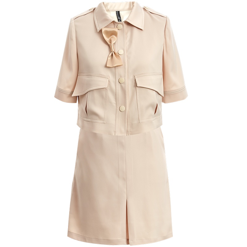 欧昵雪夏装蝴蝶结五分袖工装短外套女包臀半身裙两件套装