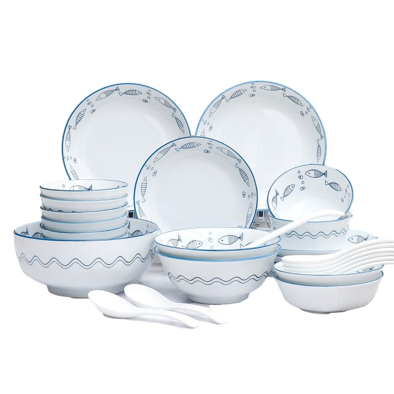 贝瑟斯 日式碗碟盘勺套装28头釉下彩波浪小鱼陶瓷餐具