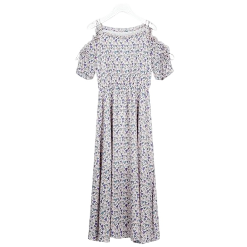 拉夏贝尔雪纺连衣裙女夏新款中长款气质韩版短袖碎花收腰沙滩裙长裙子