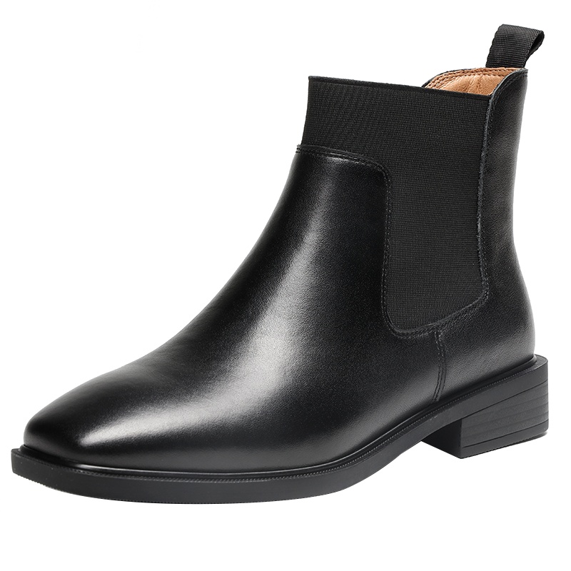 红蜻蜓冬季短靴女真皮英伦风百搭切尔西靴复古平底粗跟短筒棉靴