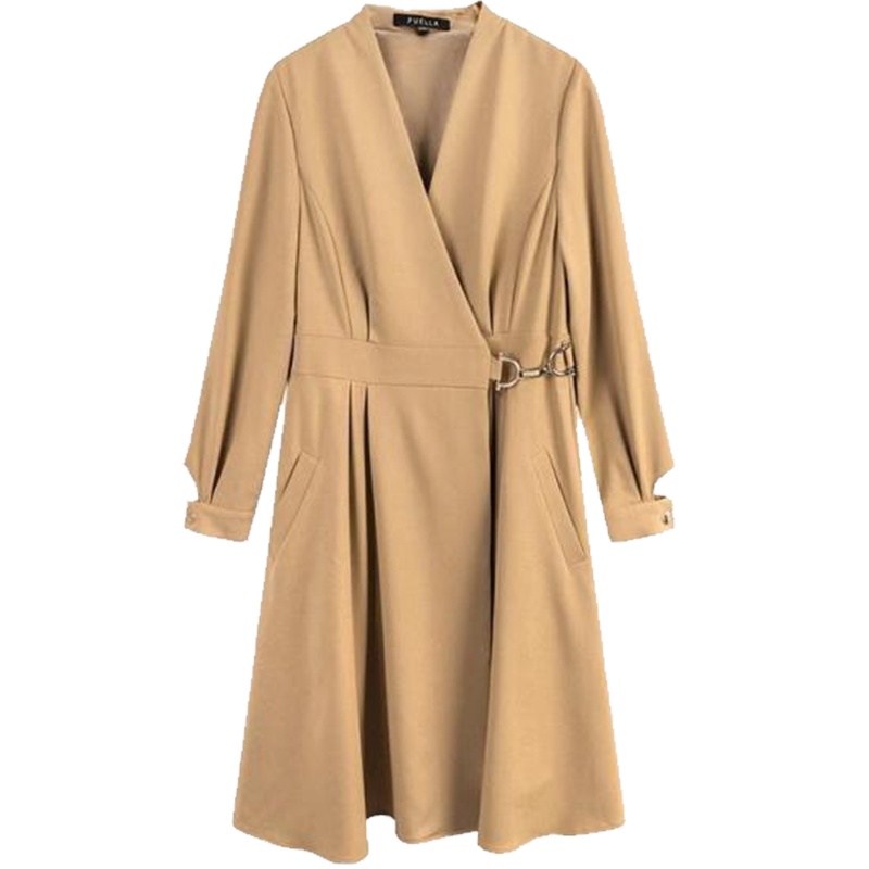 【热卖】v领收腰法国雪纺连衣裙女春装2019夏新款a字卡其色中长款裙子秋冬20011661