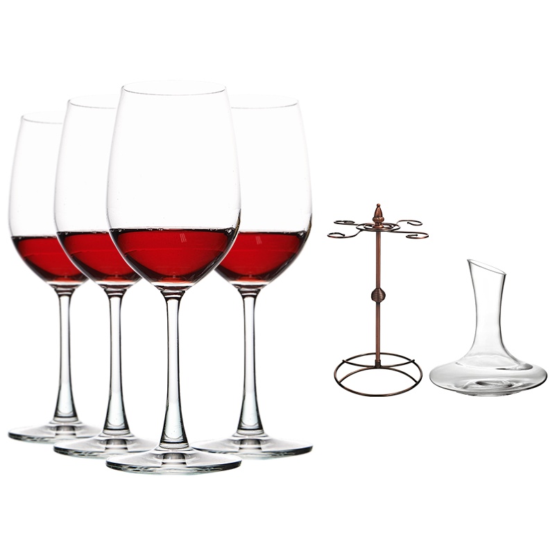 进口无铅玻璃冷切口红酒杯葡萄酒杯高脚家用酒杯425ML4只配1500ML醒酒器配酒杯架套装