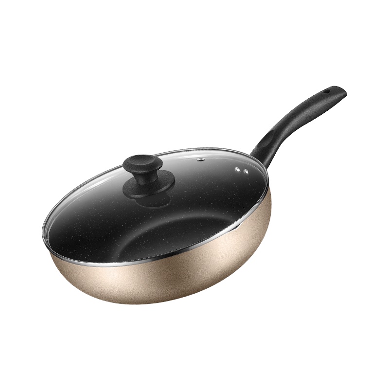 美的炒锅不粘锅麦饭石色家用电磁炉燃气煤气灶适用炒菜专用平底锅具炊具 CJ28WOK302 金色28cm