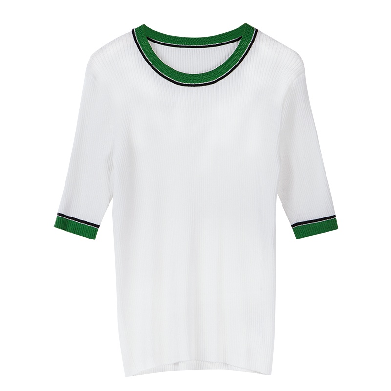 晩白 新品优雅纯色气质圆领修身显瘦短袖套头针织衫上衣