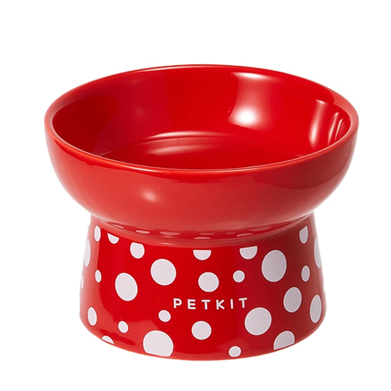 小佩宠物波点陶瓷高脚碗狗盆狗碗 猫盆猫碗 陶瓷食盆食具小猫咪小狗食具水碗泰迪食盘宠物日用 复古红