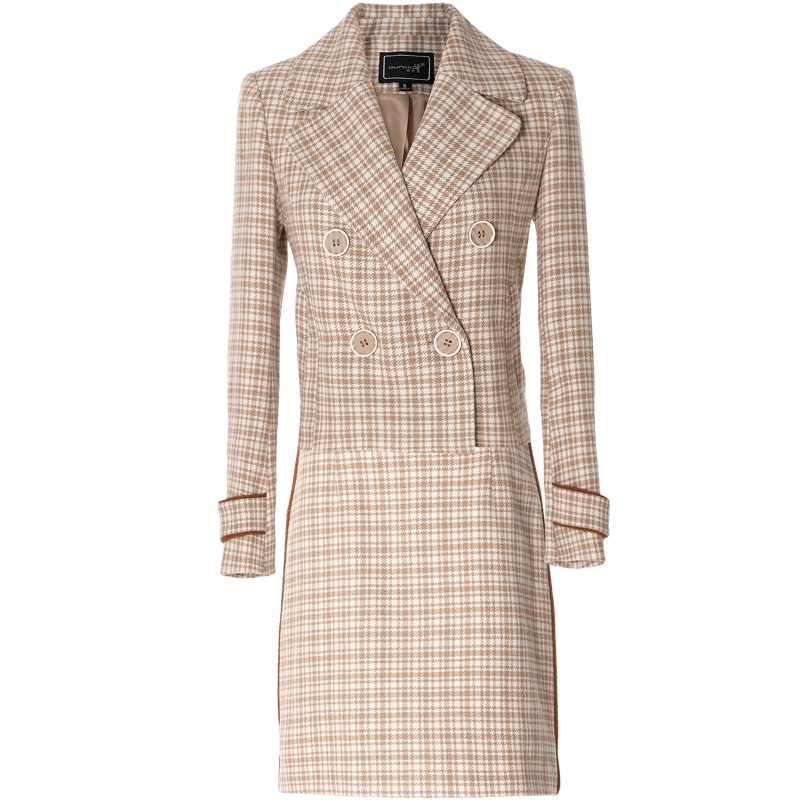 欧昵雪秋冬时尚翻领双排扣毛呢外套格子半身裙女两件套装