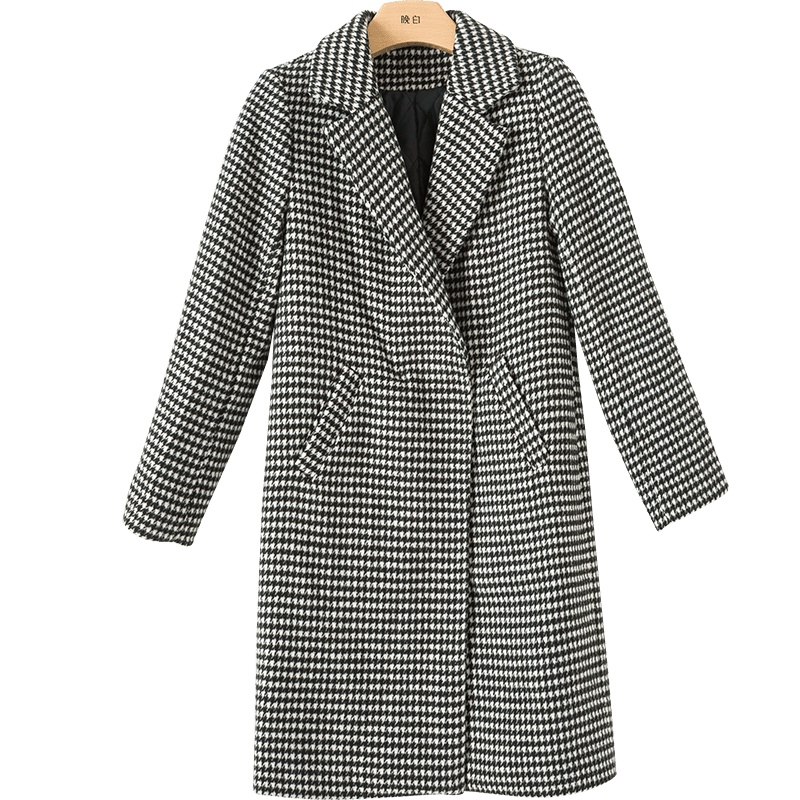 晚白2020冬季新品千鸟格印花休闲百搭职业西装加棉加厚毛呢外套女