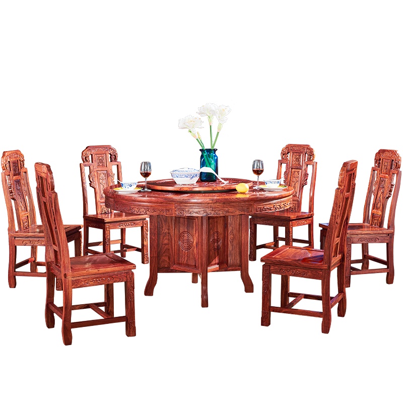 周家庄 红木家具非洲花梨（学名：刺猬紫檀）餐桌实木餐桌 转盘餐台 中式餐厅象头圆餐桌椅组合 1.18米【不带转盘】+6椅
