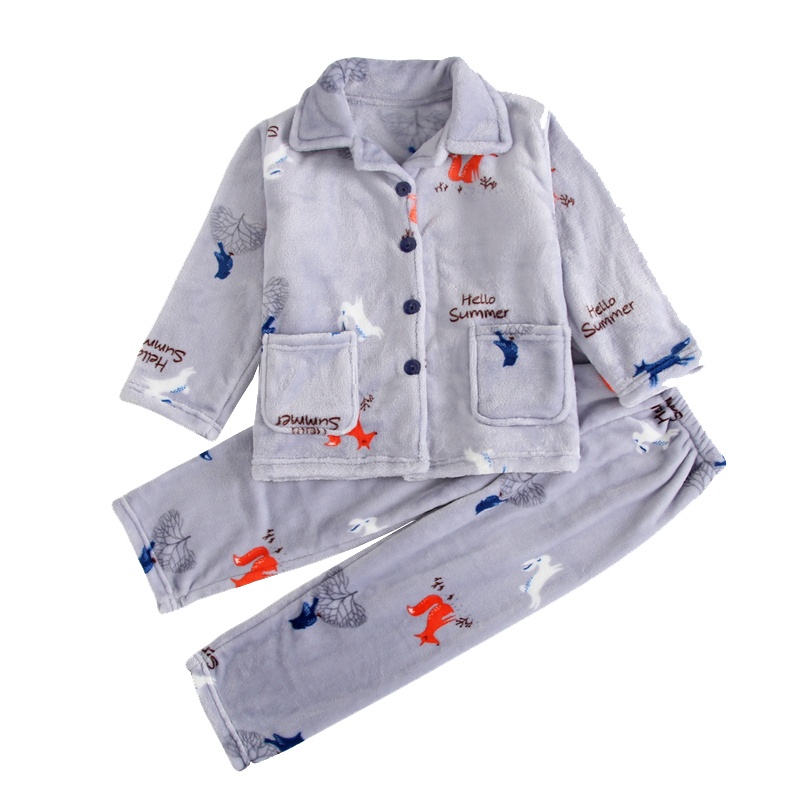 秋冬季法兰绒睡衣长袖套装珊瑚绒小孩男童男孩女童加厚家居服儿童