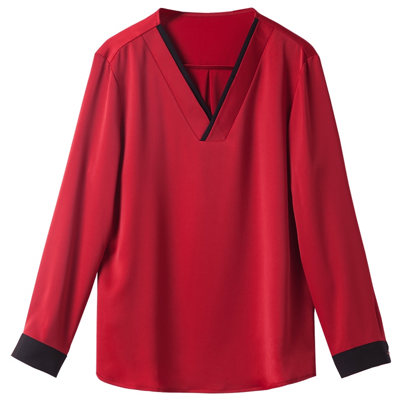 晚白2019秋季新品通勤百搭纯色常规款简约经典V领长袖衬衫上衣女