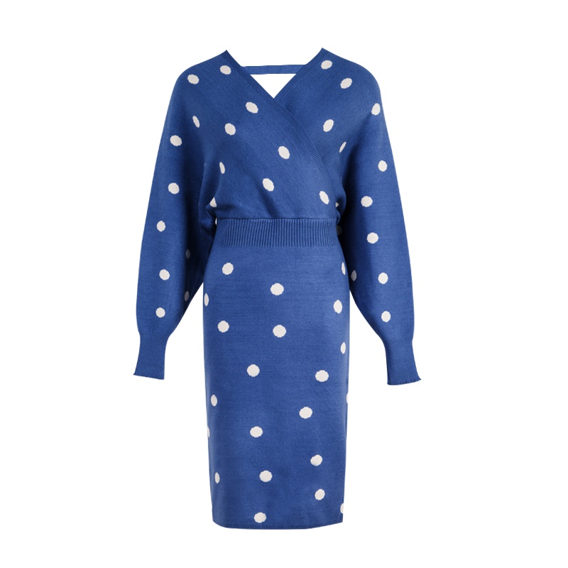 晚白 女裙装2019春季新品V领波点收腰中长款包臀裙长袖针织连衣裙