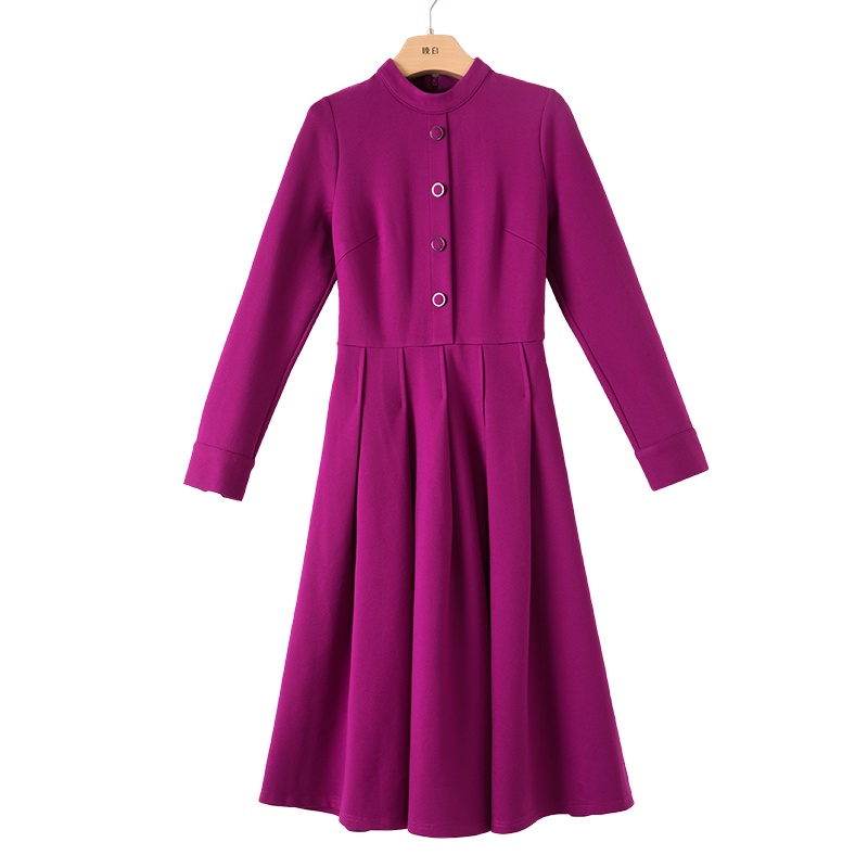 晚白2020秋新品修身简约百搭立领长袖纯色中腰A字衬衫裙连衣裙女