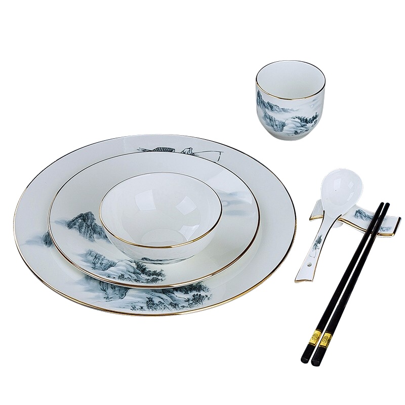 是尚 餐具套装酒店摆台餐具饭店套装陶瓷碗碟盘勺 山水之间黄金款8件套