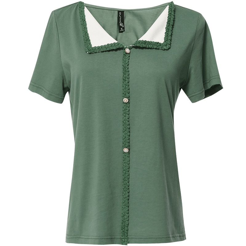 欧昵雪夏季小众翻领拼接织带显瘦短袖T恤女洋气纯棉上衣