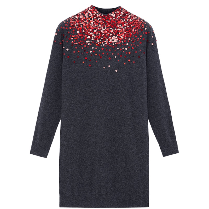 鄂尔多斯ERDOS秋冬半高领羊绒亮片装饰时尚舒适女士连衣裙