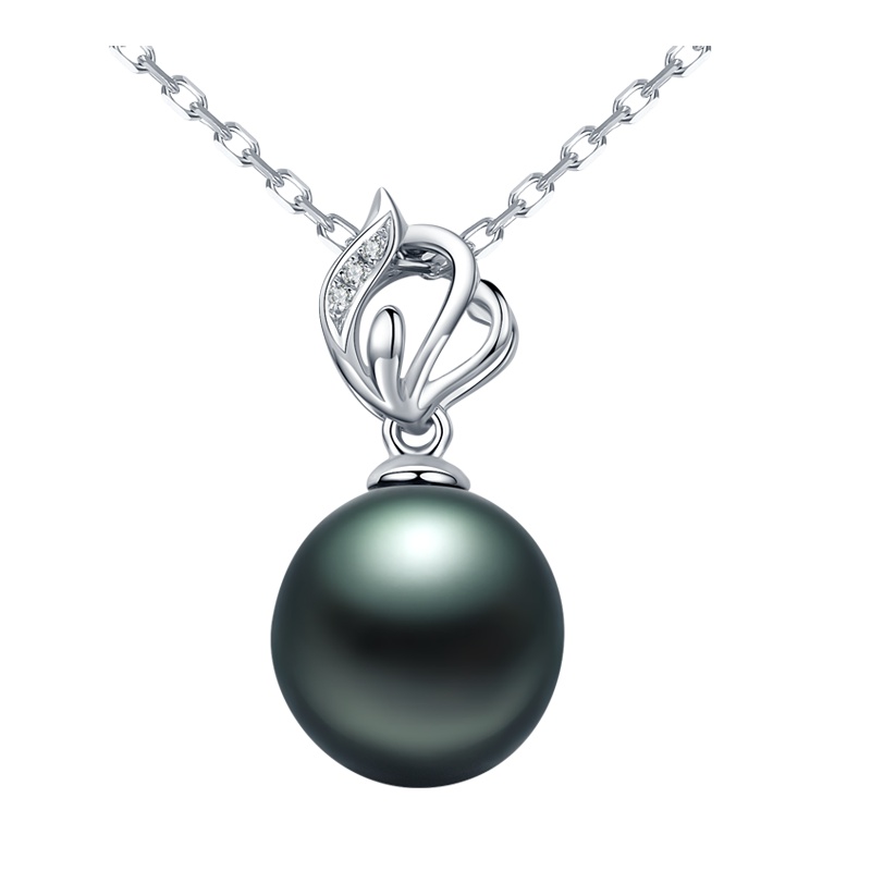 brir佰色传情正圆9-10mm大溪地黑海水珍珠吊坠正品女18k金钻石