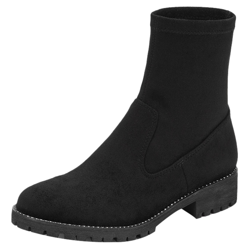 达芙妮冬新款平底圆头低跟弹力袜女靴