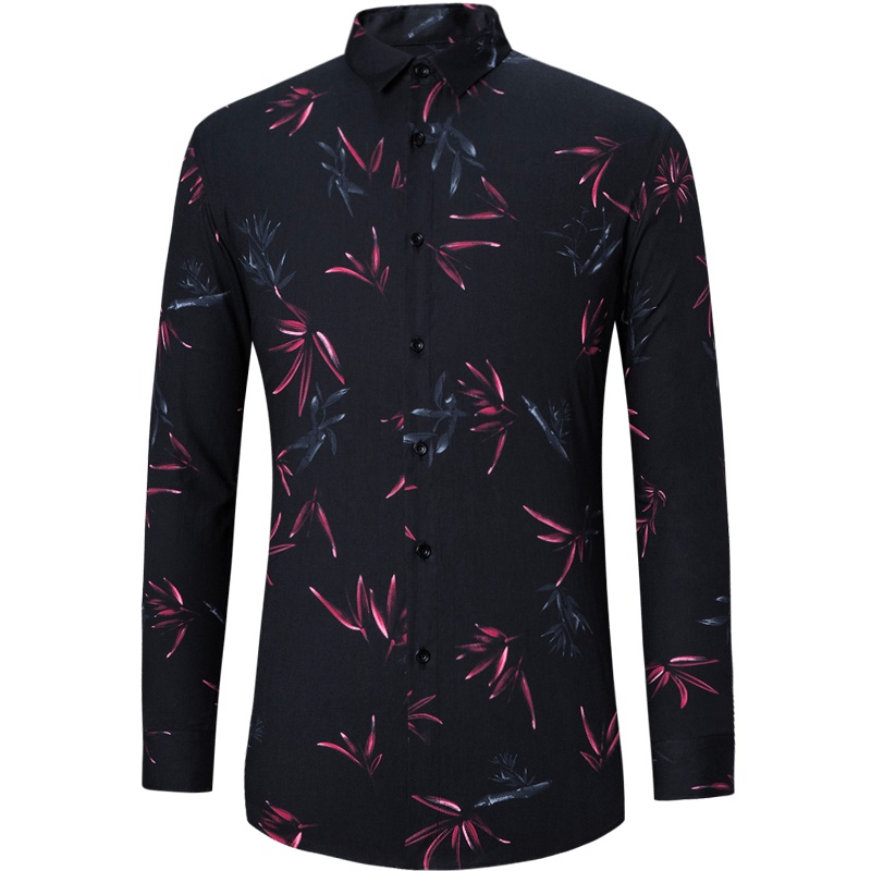 才子男装长袖休闲衬衣青年休闲竹叶提花纯棉修身长袖衬衫