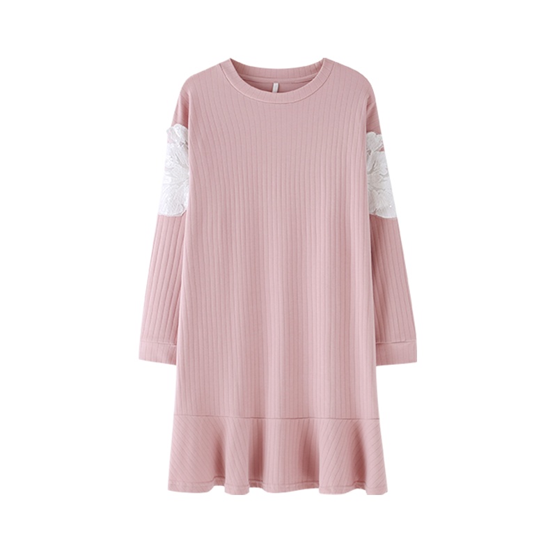 安之伴特卖纯棉双面针织抽条素色插花边长袖女裙C73B237