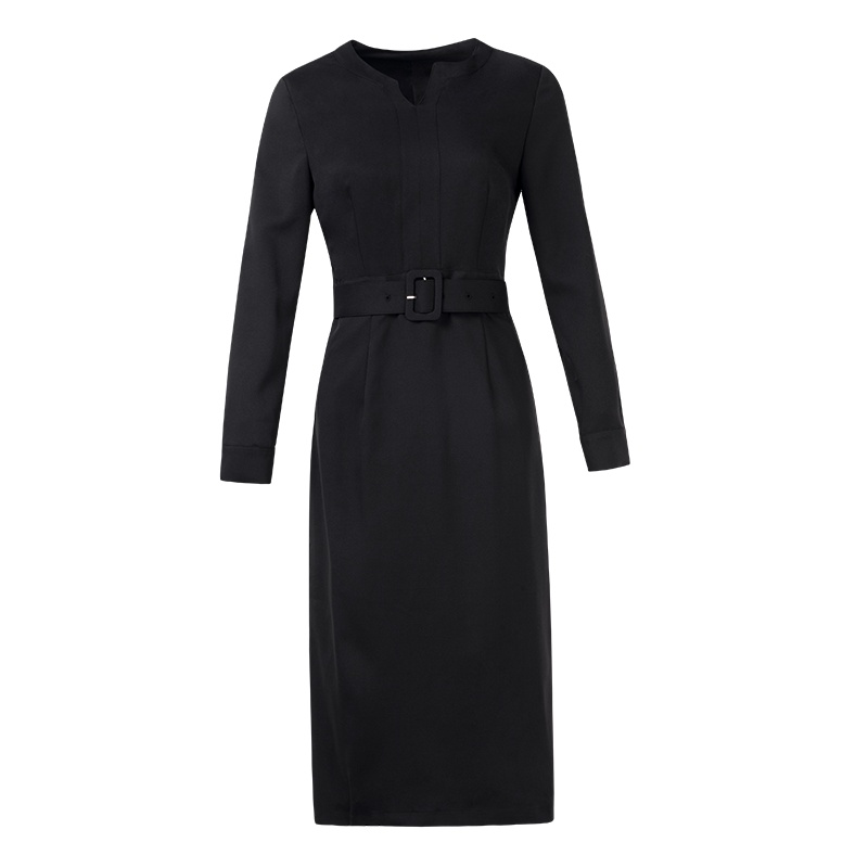 晚白2020春季新品通勤纯色V领收腰显瘦中长款包臀裙长袖连衣裙女