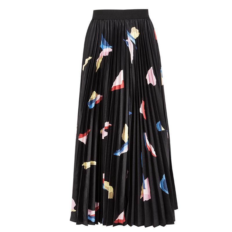 晚白新品时尚休闲百搭印花松紧高腰A字大摆百褶半身裙女