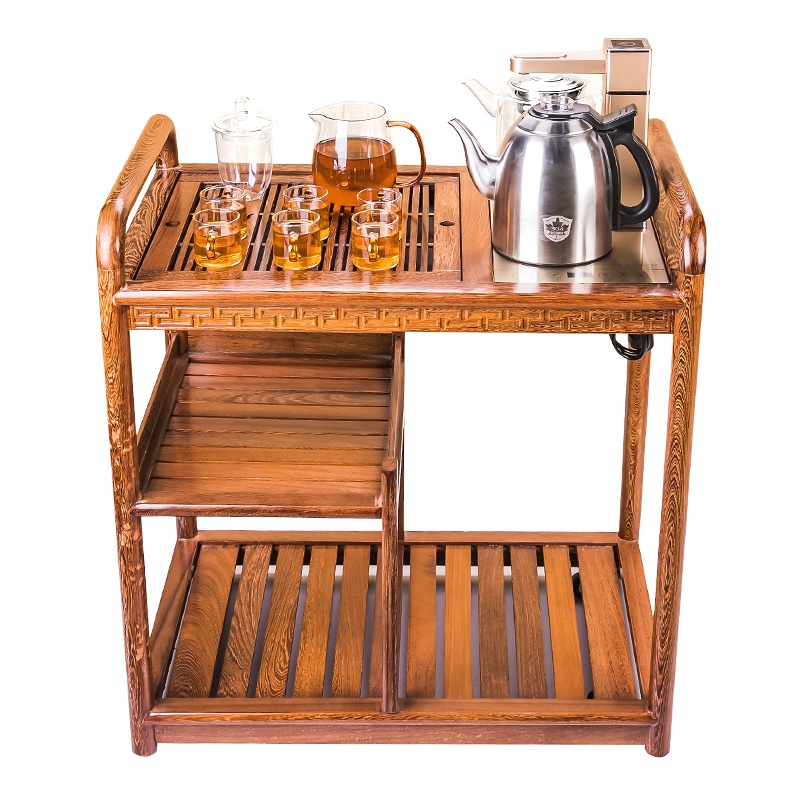 金杞(JINQI) 整套茶具茶桌全自动上水电热水壶便捷式带轮古典黑鸡翅移动实木茶车中式木雕茶艺桌203B款套装