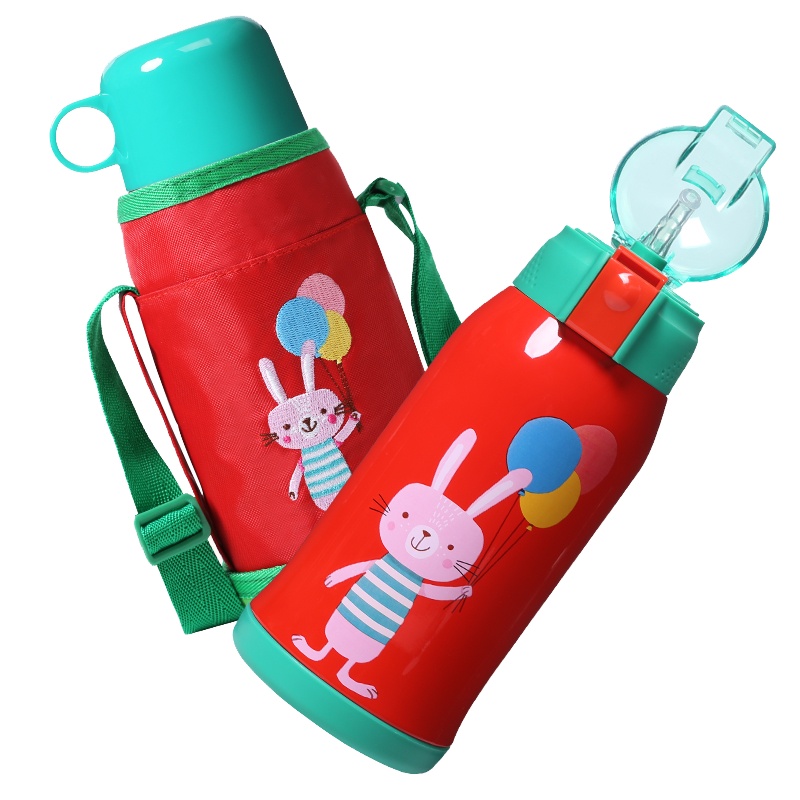 Face儿童保温杯带吸管男女大容量小学生防摔水壶宝宝便携水杯子FC160-红兔子