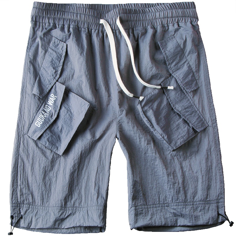 Guuka灰色速干五分裤男潮牌 夏季初中生嘻哈印花休闲运动短裤宽松