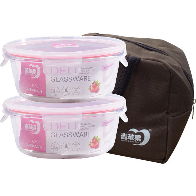 青苹果玻璃保鲜盒圆形大容量耐热便当盒 微波炉加热饭盒玻璃碗套装EK3303/L2B