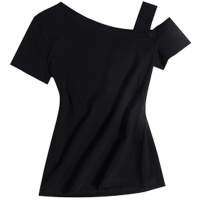 [多色可选]黑色女紧身纯色纯棉挂带短袖修身显瘦性感一字斜领露肩上衣半袖T恤026