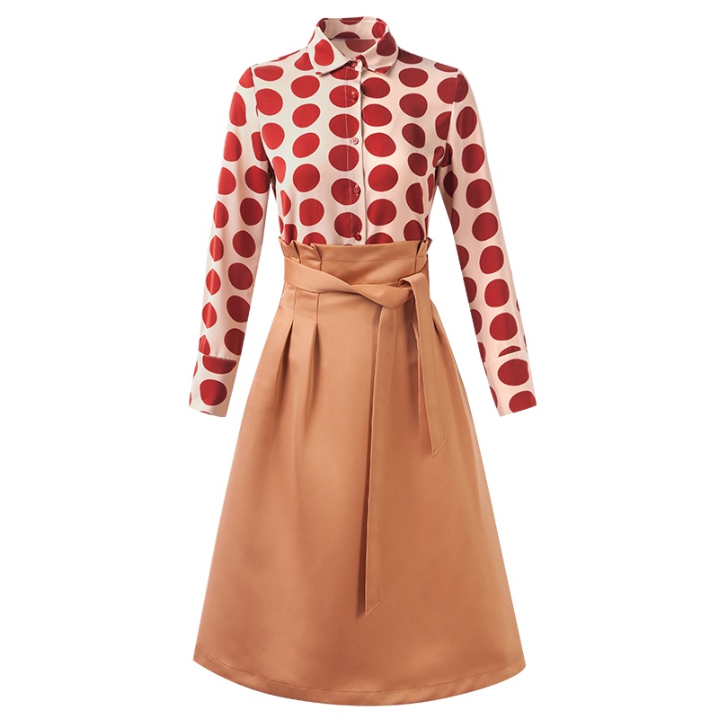 晩白 新品复古波点衬衫上衣纯色高腰半身裙两件套时尚套装女