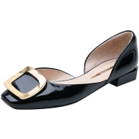 百田森2021春夏新款方扣单鞋女低跟中空鞋牛漆皮女浅口气质单鞋