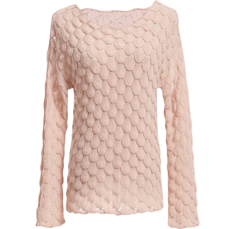 欧昵雪秋季圆领喇叭袖鱼鳞纹套头毛衣女宽松慵懒风针织衫上衣