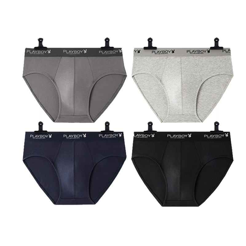 花花公子内裤男士三角裤全纯棉抗菌透气裤头纯色中腰三角裤短裤头男透气底裤4条礼盒装