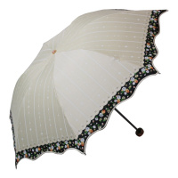天堂伞 杏雨梨云黑胶丝印压花拼波浪边三折超轻晴雨伞 86133E