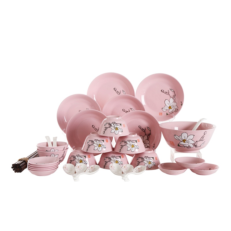 顺祥陶瓷一花一世界40头碗陶瓷碗碟套装带筷子 家用釉下彩手绘碗 盘子 日式婚庆送礼餐具套装 苏宁自营