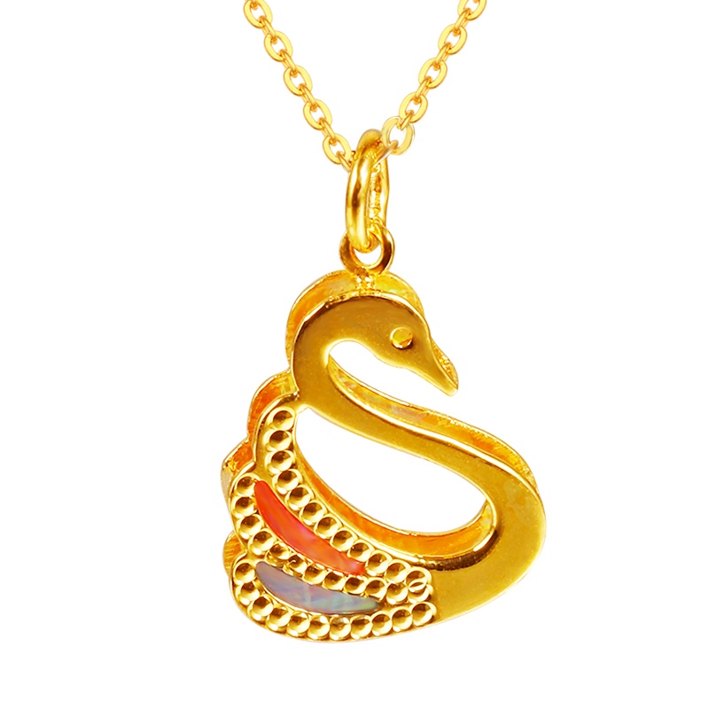 黄金码头5G足金999高温空窗珐琅天鹅吊坠女送女友女儿闺蜜生日