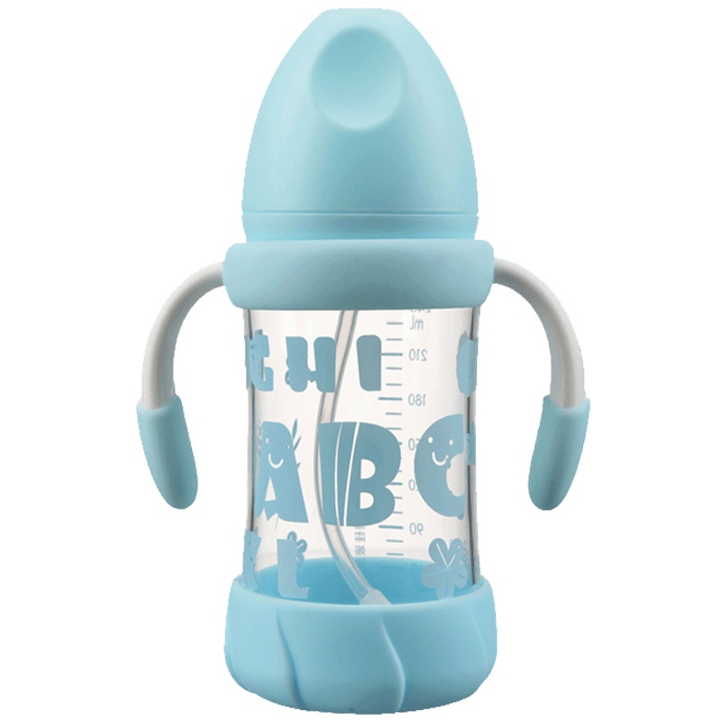 日康奶瓶 玻璃 初生婴儿宽口径儿童宝宝吸管奶瓶 240ml蓝色