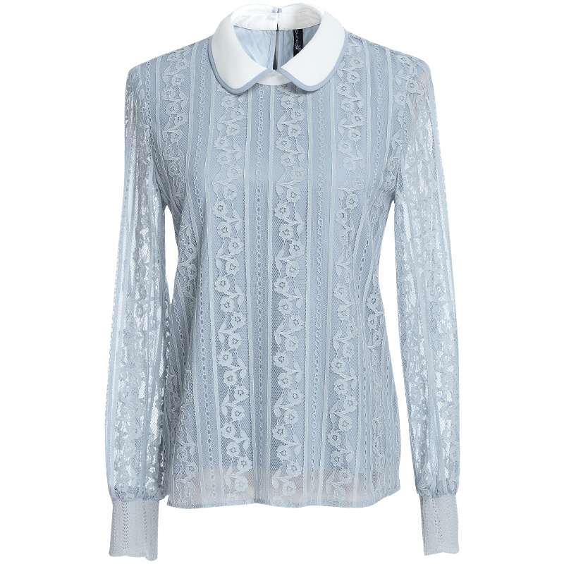 欧昵雪秋装勾花镂空拼接娃娃领套头蕾丝衫上衣女时尚小衫