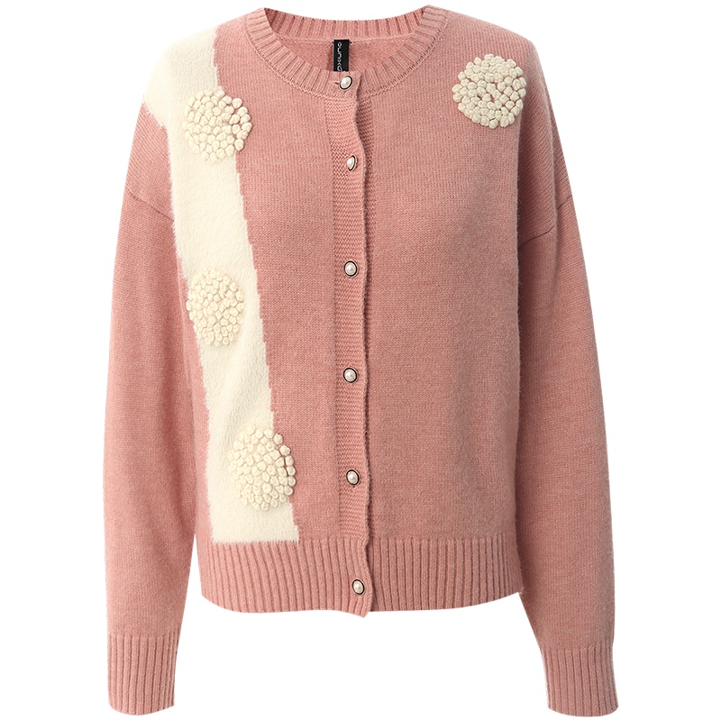 OUNIXUE欧昵雪 | [浪漫结粒绣针织开衫]秋冬季圆领撞色长袖宽松外套短毛衣女