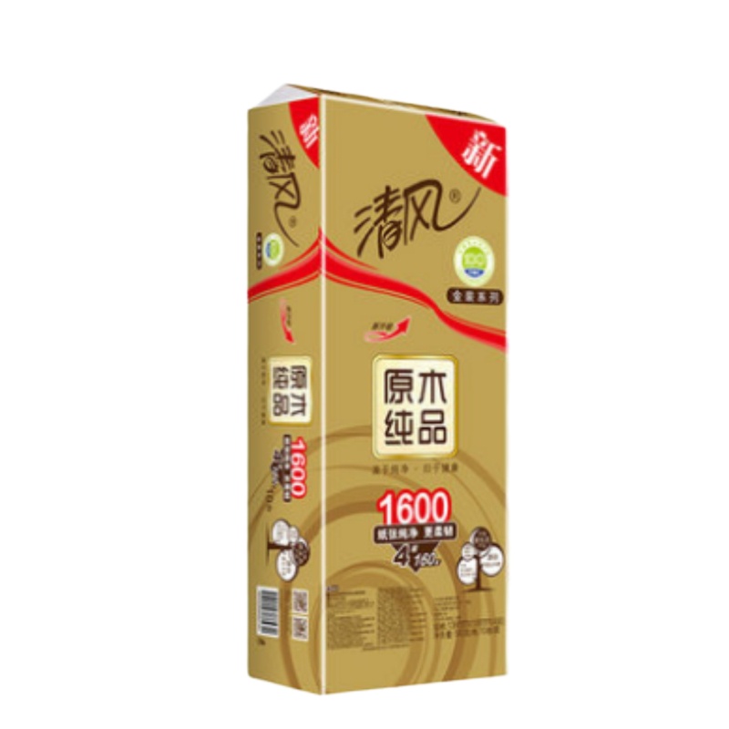 清风金装原木纯品四层卷纸 160g/卷 10卷/提 6提/箱