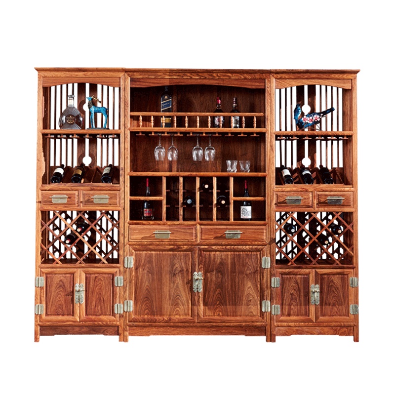 周家庄 红木家具非洲花梨(学名:刺猬紫檀)实木酒柜 酒水柜 红酒柜 储物柜 新中式素面酒柜 三组合酒柜