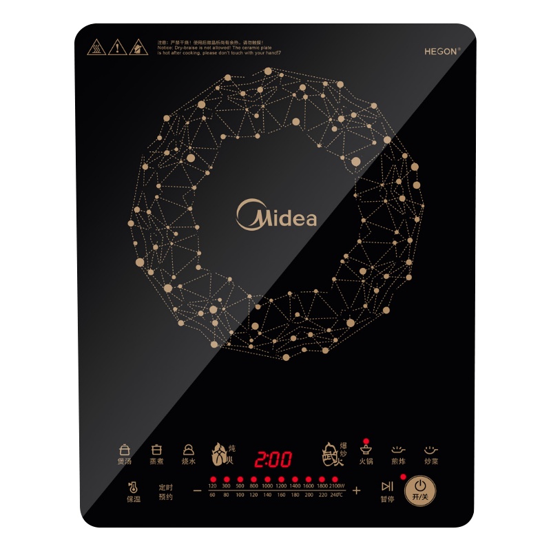 美的(Midea)电磁炉C21-WT2118家用大功率猛火爆炒火锅炉匀火智能定时多档火力10大功能调节(炒锅+汤锅)