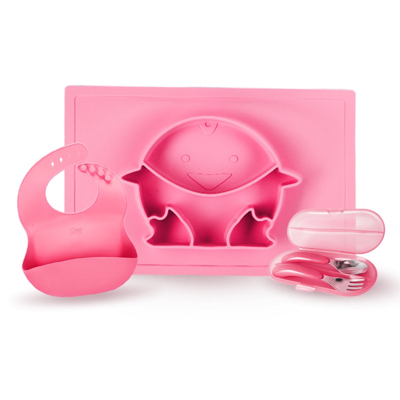 舒氏(Snug) 儿童餐盘 防摔吸附硅胶吸盘碗 防碎屑围嘴宝宝吃饭围兜训练叉勺套装 S1212红色