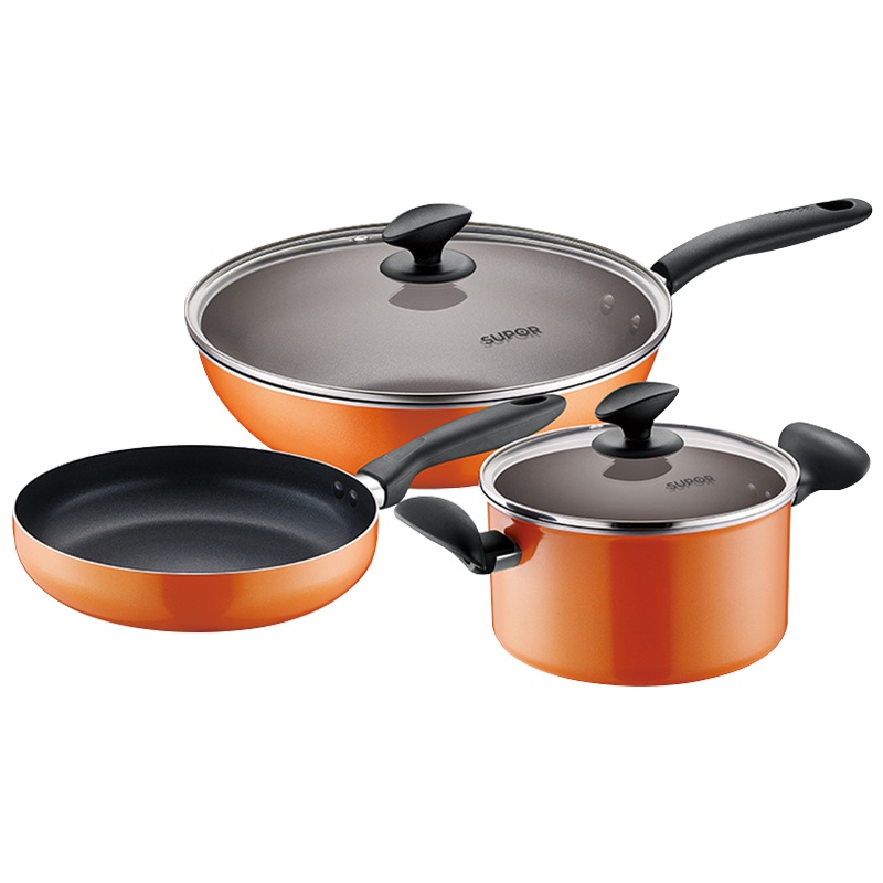 苏泊尔(SUPOR)居家不粘锅三件套装组合 锅炒锅汤奶锅平底锅煎锅套装家用炒菜锅套锅明火专用 橙色 TP1612E