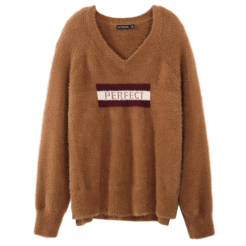 拉夏贝尔针织衫女秋季宽松V领上衣慵懒长袖套头毛衣外套