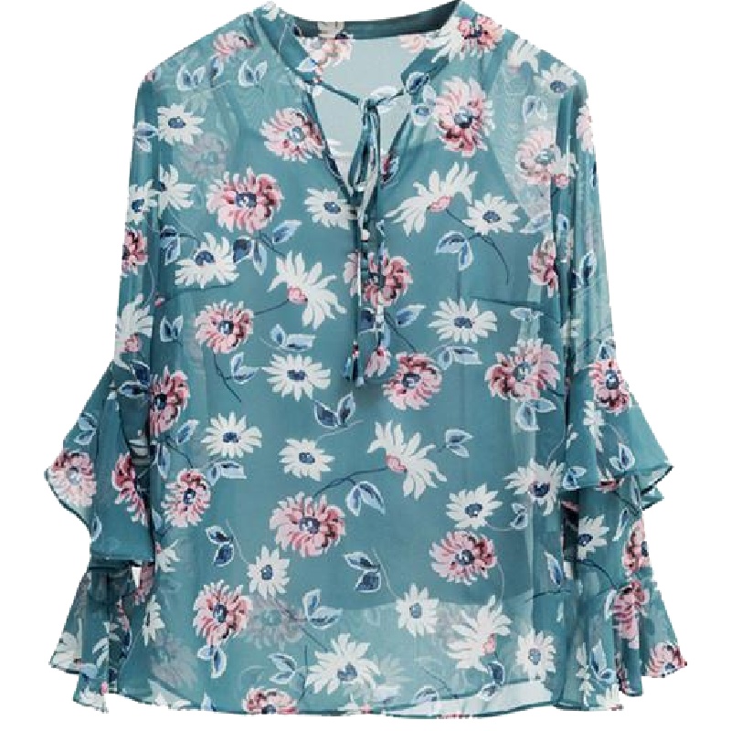 新款拉夏贝尔两件套雪纺衬衫女秋冬韩版宽松显瘦气质碎花九分袖衬衣女10018364