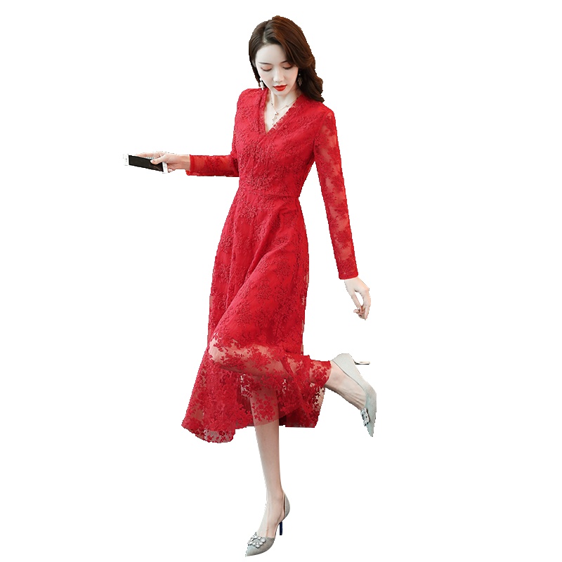 丝柏舍2020夏女韩版长袖修身显瘦V领镂空蕾丝连衣裙S91R0420L